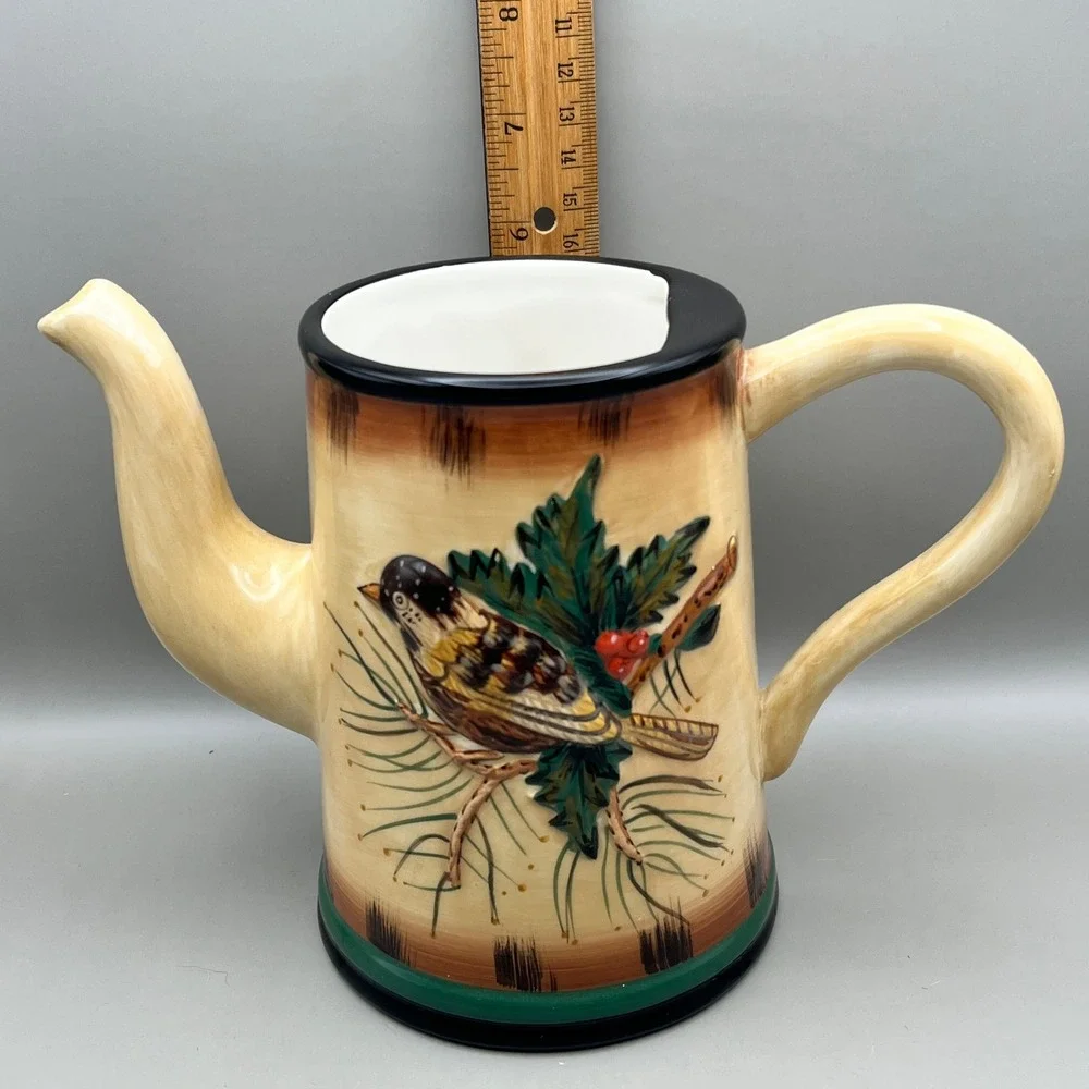 Heartfelt‎ Kitchen Creations Bird Ceramic Teapot Embossed Holly Berry No Lid 6